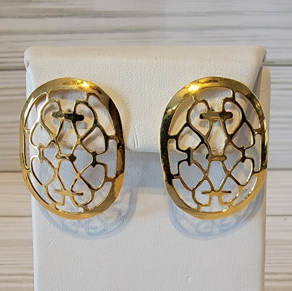 Vintage Gold Tone Abstract Openwork Oval Statement Pierced Earrings